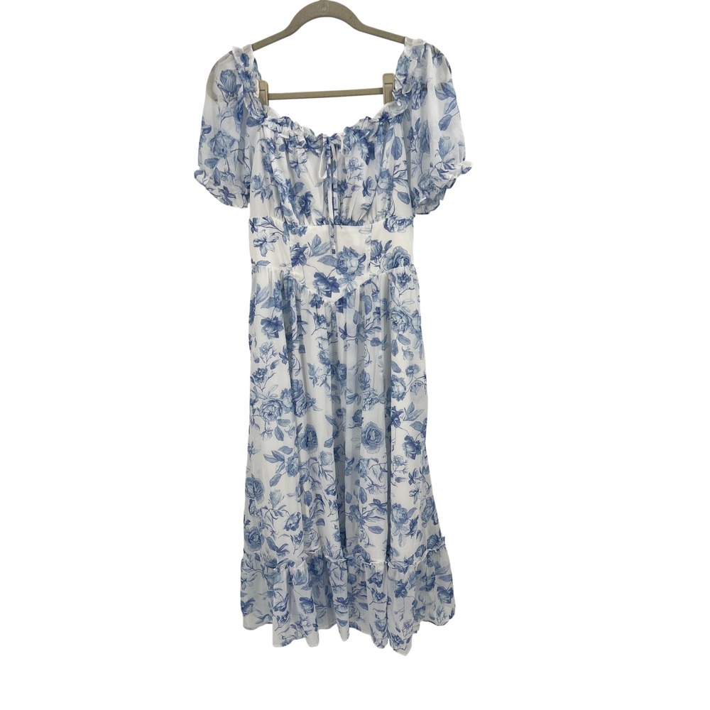Scarlet Darkness Floral Toile Midi Dress Blue White Cottagecore XL NWT